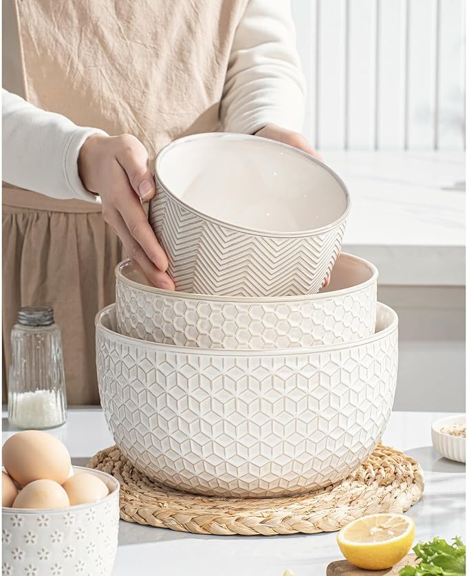 Ceramic Mixing Bowls, Embossed Nesting Bowls Set of 4, Mixing Bowl Set for Serving, Baking, Cooking and Gift, Microwave and Dishwasher Safe, 20/47/99/148 oz, Off-White - Image 3