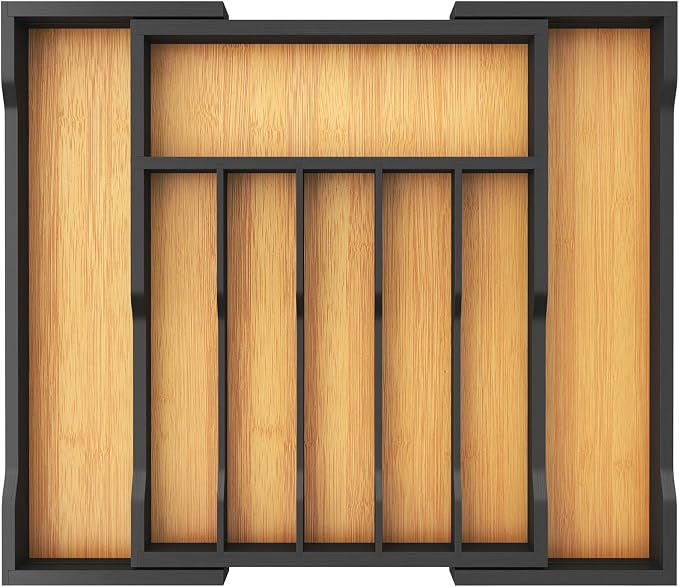 Lifewit Silverware Drawer Organizer, Wooden Utensil Tray for Kitchen | Expandable Flatware and Cutlery Holder, Adjustable Storage for Spoons Forks Knives, 13-22x15", Natural and Black by Lifewit