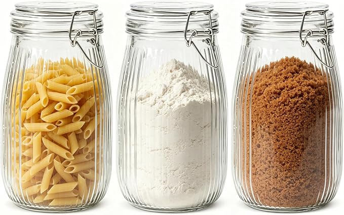 ComSaf Large Ribbed Glass Jars with Airtight Lids 51 oz 3 Pack Wide Mouth | Flour sugar coffee beans, Fermenting pickling, Farmhouse pantry decor, Countertop decor, Large capacity, Vintage Canisters by ComSaf