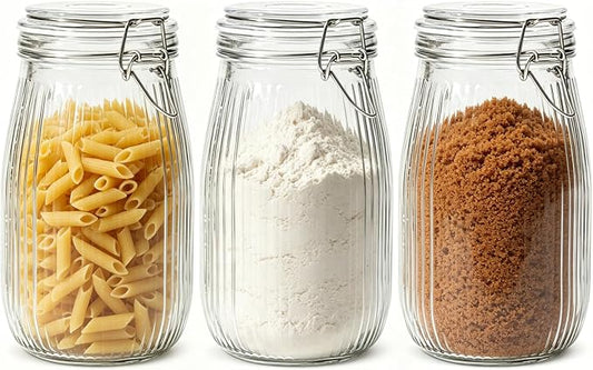 ComSaf Large Ribbed Glass Jars with Airtight Lids 51 oz 3 Pack Wide Mouth | Flour sugar coffee beans, Fermenting pickling, Farmhouse pantry decor, Countertop decor, Large capacity, Vintage Canisters by ComSaf