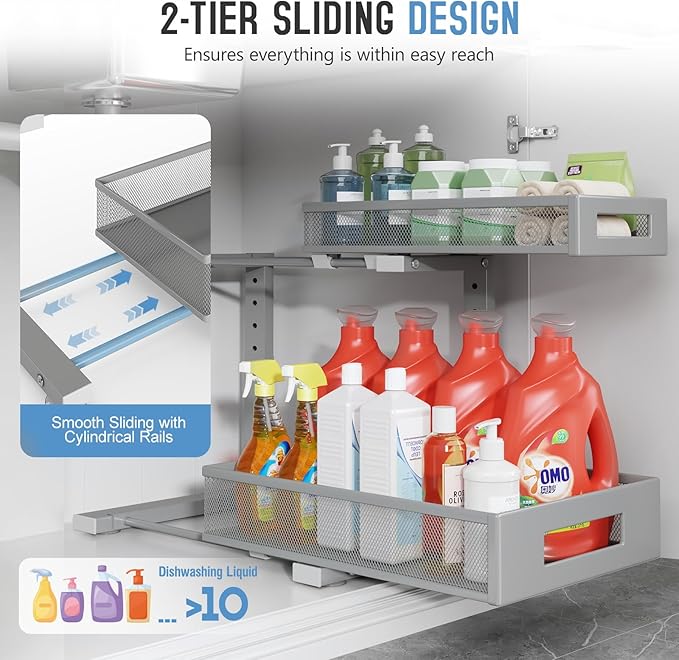 2-Pack Under Sink Storage Organizer, Large 2-Tier Elegant Mesh Pull Out Shelf for Kitchen and Bathroom Cabinet Organization, L-Shaped and Adjustable Height Design-Gun Gray - Image 4