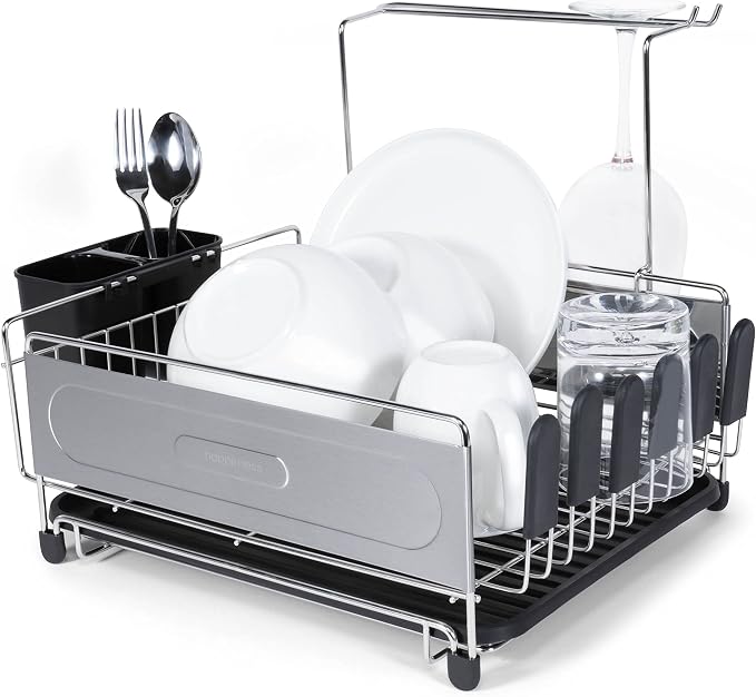 happimess Dish Drying Rack Compact Stainless Steel, 17.25", Silver/Black | Fingerprint-Proof, Wine Glass Holder, Detachable Utensil Caddy, Drainboard, Non-Slip Feet, Modern Contemporary Style by Happimess