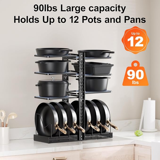 LAMU Pots and Pans Organizer under Cabinet, Adjustable Height Up to 24'', 6 Tier Pot Organizer Rack with 6 Horizontal Dividers, Adjustable Pot and Pan Organizer for Kitchen Storage, Black - Image 5