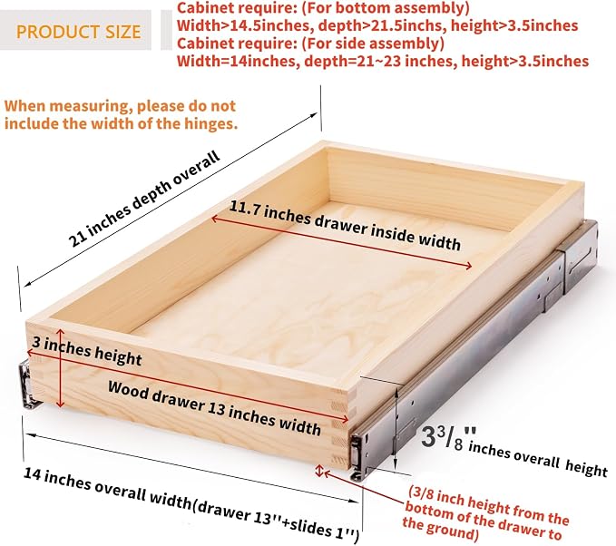 13”W x 21”D x 3”H Soft Close Slide Out Wood Drawer Organizer for Kitchen, (Cabinet Opening Width>14.5 inches for Bottom Assembly, Width= 14 inches for Side Assembly) - Image 3