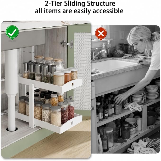 Bamboo Under Sink Organizer 2 Tier Pull Out Cabinet Storage Drawer - Image 6
