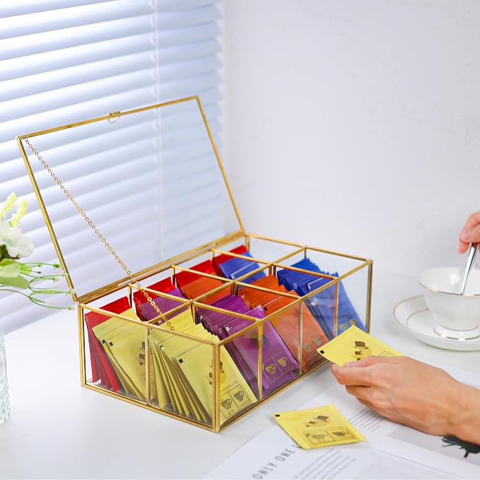 REDHUGO Glass Tea Bag Organizer, 8-Compartment Tea Storage Box, Gold | Handmade glass tea bag box with lid and 8 compartments, keeps tea bags tidy for counters, kitchens and tea stations - Image 7