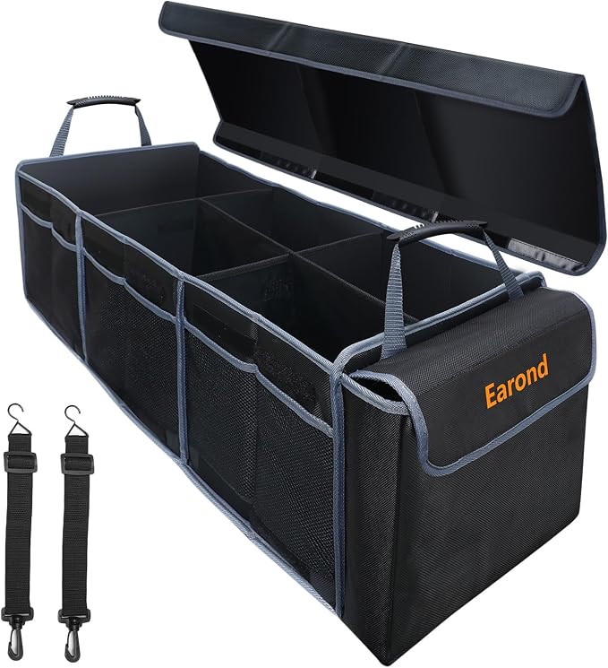 Car Trunk Organizer with Lid,Collapsible Car Storage Organizer with Multi Compartments and Securing Straps for SUV,Sedan,Jeep-Black & Grey by EarondLabProducts