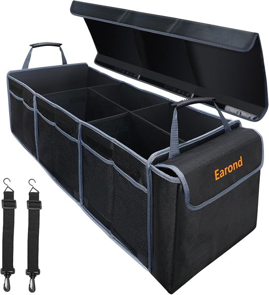 Car Trunk Organizer with Lid,Collapsible Car Storage Organizer with Multi Compartments and Securing Straps for SUV,Sedan,Jeep-Black & Grey by EarondLabProducts