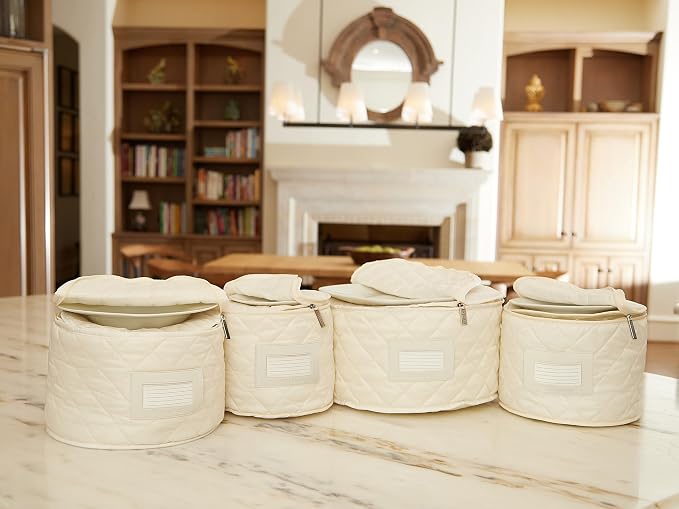 Covermates Keepsakes Dish Storage Set – Padded China & Dinnerware Storage Cases with Dividers, Cup & Stemware Storage, Quilted Polyester Protection, ID Window, Cream - Image 7