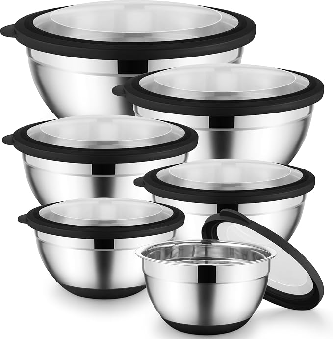 Onader Mixing Bowls with Lids Set of 6 for Kitchen, Stainless Steel Metal Nesting Bowls with Non-Slip Bottom Black - Size 1, 1.5, 2, 2.6, 3.5, 7QT by Onader