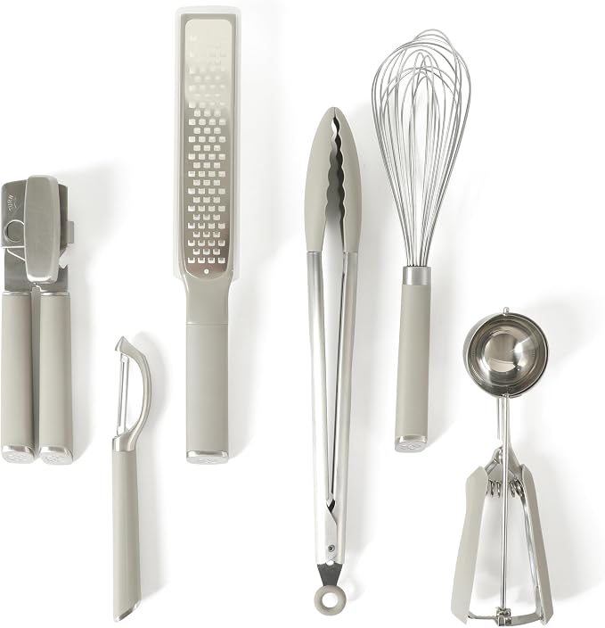 Calphalon Edge 6-Piece Stainless Steel Kitchen Tool & Gadget Set, Kitchen Utensil Set with Silicone Accent, Can opener, Straight peeler, Grater, Tongs, Balloon whisk and Scoop (Taupe) by Unknown