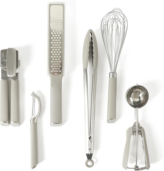 Calphalon Edge 6-Piece Stainless Steel Kitchen Tool & Gadget Set, Kitchen Utensil Set with Silicone Accent, Can opener, Straight peeler, Grater, Tongs, Balloon whisk and Scoop (Taupe) by Unknown