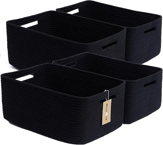 MiniArk Large Storage Baskets for Organizing, 17 x 13 x 7.5” Closet Shelf Baskets for Clothes Blanket Towels, Baby Nursery, Toy Bins Box, Woven Rope Baskets, 4 Packs Black by MiniArkStorageBasketsHome