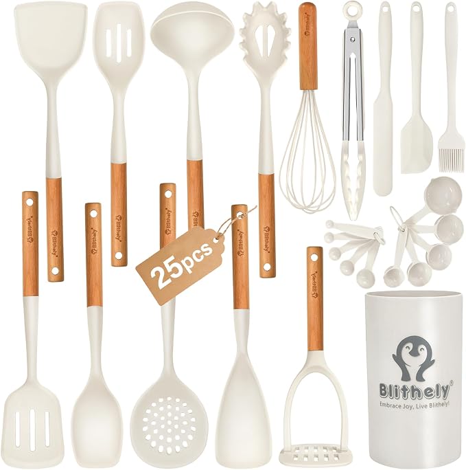 Large Silicone Kitchen Utensils Set with Holder, 25Pcs Cooking Utensil Set with Wooden Handle, Heat Resistant Spatula Sets for Cooking, BPA Free Silicone Utensils Set for Non-Stick Cookware(White) by Blithely