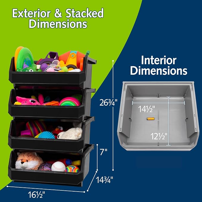 Extra Large Stackable Plastic Storage Bins, 4-Pack, Black | Open-Front Stackable Bins For Garage, Pantry, Closet & Office, 14,8"L X 16,5"W X 7"H, Nests When Empty, Durable Plastic, - Image 3