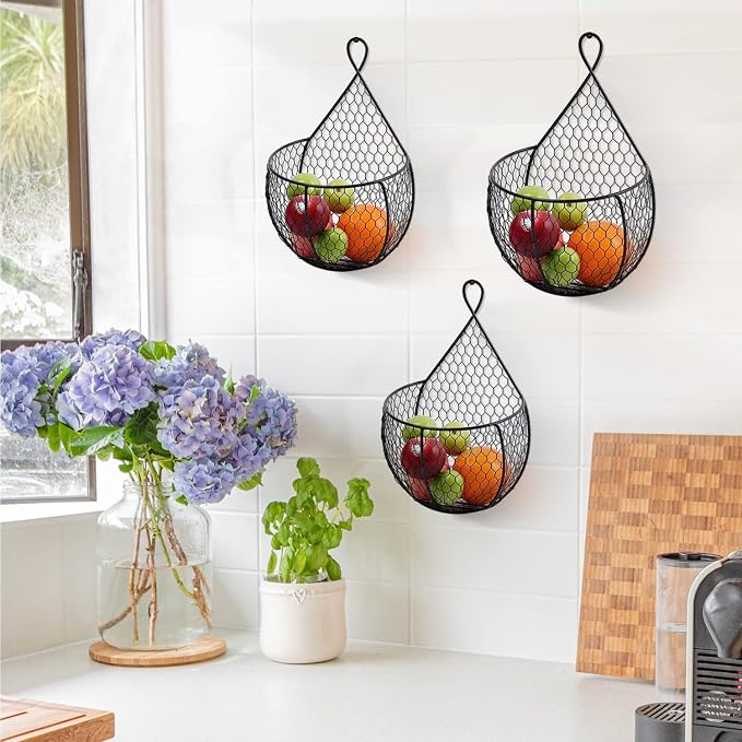 ERYTLLY Metal Fruit And Vegetable Storage Hanging Basket Wall Mounted, Hanging Basket For Kitchen Black Wire Baskets for Flowers, Fruits and Veggies - Set of 3 - Image 6