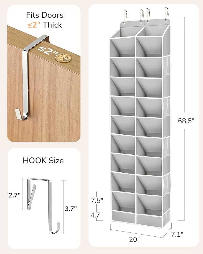 ULG Over The Door Shoe Organizer for Closet Fit 24-32 Pairs with Large Deep Pockets, Narrow Shoe Rack for Door Hanging Boots Storage, Black - Image 2