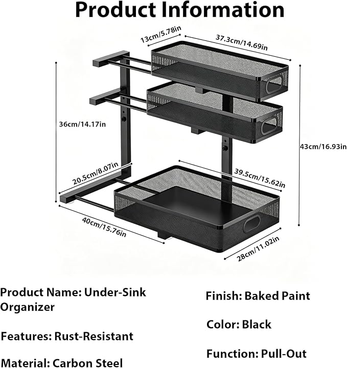 2 Pack Bathroom Under Sink Organizer, 3-Tier Pull Out Kitchen Cabinet Organizer with 5 Adjustable Heights Metal Slide Out Storage Makeup Drawer Rack for Bedroom Office Pantry Home Organization, Black - Image 7