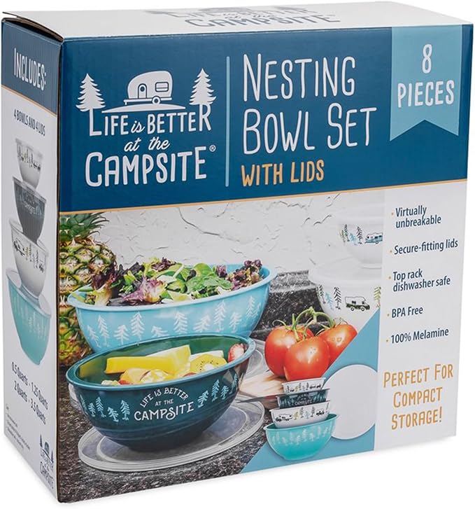 Camco Life is Better at The Campsite Nesting Bowl Set, Includes (4) Durable Melamine Bowls with (4) Plastic Lids Suitable for On-The-Go Lifestyles - Image 8