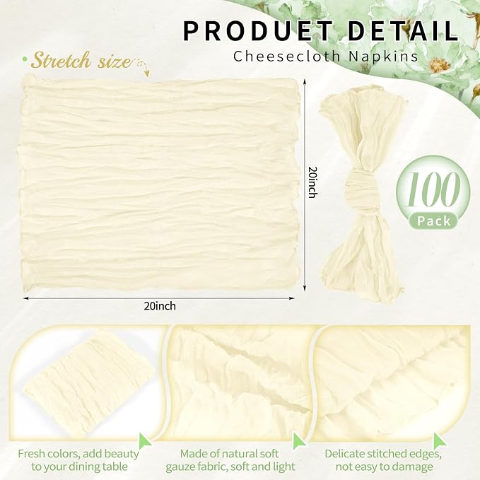 100 Pack Beige Cheesecloth Napkins 20"x20" Boho Washable Cloth Napkins Set of 100 Wrinkled Cheese Cloth Napkins Gauze Dinner Table Napkin for Wedding Party Baby Shower Birthday Decor - Image 2
