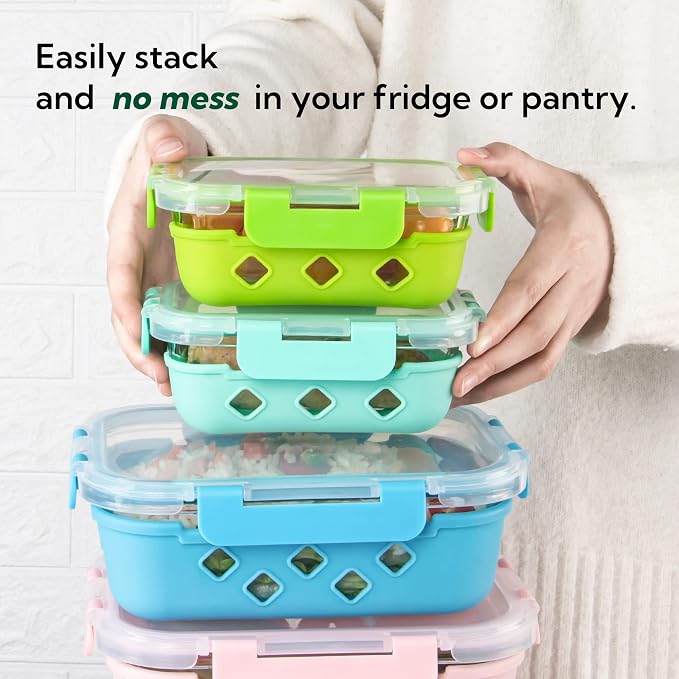 10 Pack Glass Meal Prep Containers with Removable Silicone Sleeves,Food Storage Container Set with Airtight Lids (34oz+12oz) - Image 3