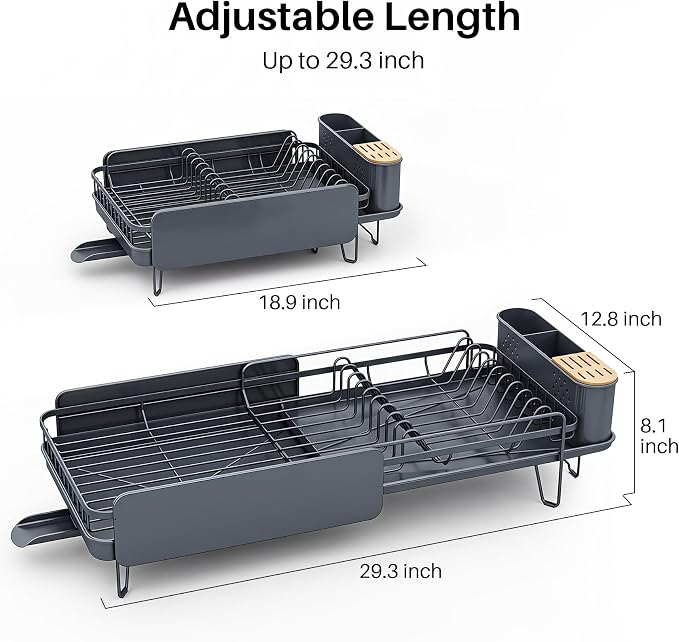 SNTD Large Dish Drying Rack for Kitchen Counter, Expandable, Grey | Stainless Steel Dish Drainer, Adjustable Length 18.9''-29.3'', Automatic Drainage, 360° Spout, Cutlery Holder with Knife Slot - Image 2