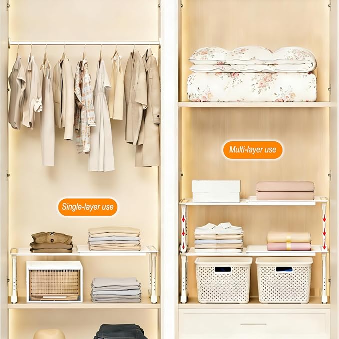 Expandable Cabinet Organizer Shelf, Adjustable Height Under Sink Storage Organizer, Shelf Riser for Kitchen, Bathroom, Wardrobe, Under Sink Counter(Beige) (1) - Image 4