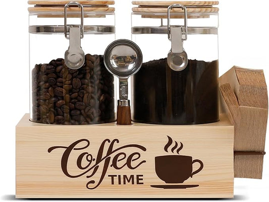 Glass Coffee Canister Set with Shelf & Spoon 2 Piece Coffee Containers for Coffee Bean Storage Airtight Seal, Coffee Bar Accessories Filter Holder for Kitchen Organization by EQEYBRAND