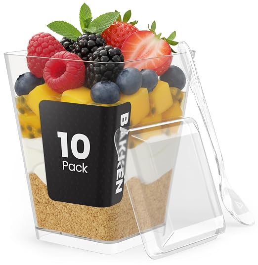 Plastic Dessert Cups with Lids and Spoons (10 Pack) – Single-Serve Parfait & Appetizer Cups, Spill-Resistant, Heavy-Duty Design, Ready-to-Use for Parties, Catering & Special Events BPA-Free by BAKK%C3%8BNMASTER