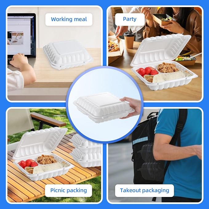 YANGRUI 55-Pack 34oz 8" White Meal Prep Boxes - Shrink Sealed No Pre-Wash | 3-Compartment | Factory Direct Heavy Duty Mineral PP, Microwave Safe | Portion Control for Nutrition & Weight Management - Image 6