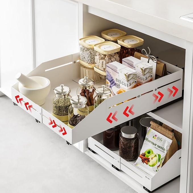 Pull Out Cabinet Organizer 12.5"-17.7"D&10"-15"W Raised Walls White | 5.5" Raised Side Walls Zero-Drill Adhesive Install 4-Way Expandable Design Triple-Rail Smooth Glide For Kitchen Cabinets by AmzAgeHomeKitchen