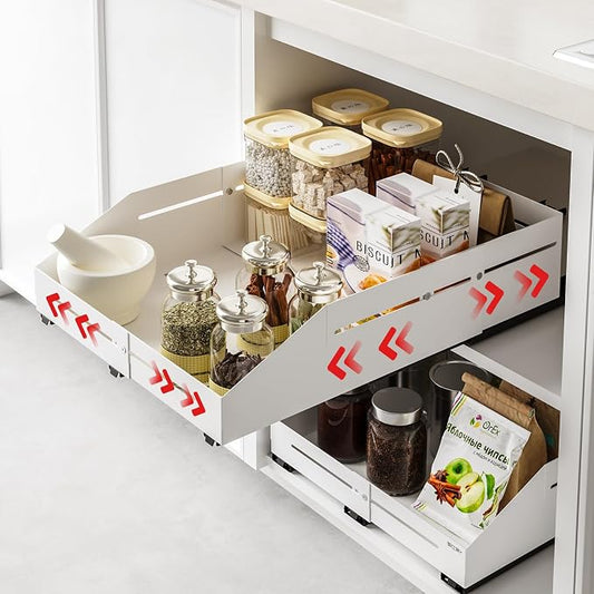 Pull Out Cabinet Organizer 15.8"-23"D&10"-16"W Raised Walls White | 5.5" Raised Side Walls Zero-Drill Adhesive Install 4-Way Expandable Design Triple-Rail Smooth Glide For Kitchen Cabinets by AmzAgeHomeKitchen