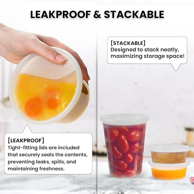 Klex 16 Oz, 12 Sets Deli Containers with Airtight Lids, BPA Free Heavyweight Plastic Meal Prep Food Container for Soup, Freezer & Dishwasher & Microwave Safe, 16 oz, Round, Translucent, 12 Sets - Image 3