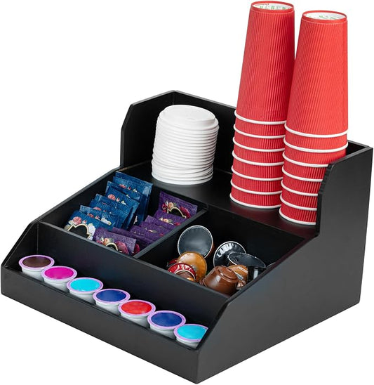 Restaurantware Coffee Cup Organizer 15 x 14.25 x 9.25 Inch Multipurpose Bamboo Condiment Holder Black Countertop Cup and Lid Organizer for Coffee Shops and Office Break Rooms by Restaurantware