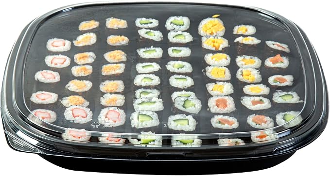 Restaurantware Plastic Sushi Trays 100 Pack of 12.6 x 12.6 x 1.77 Inch With Clear Lids Leak-Resistant Sushi Take Out Boxes Stackable Containers For Grab-And-Go - Image 9