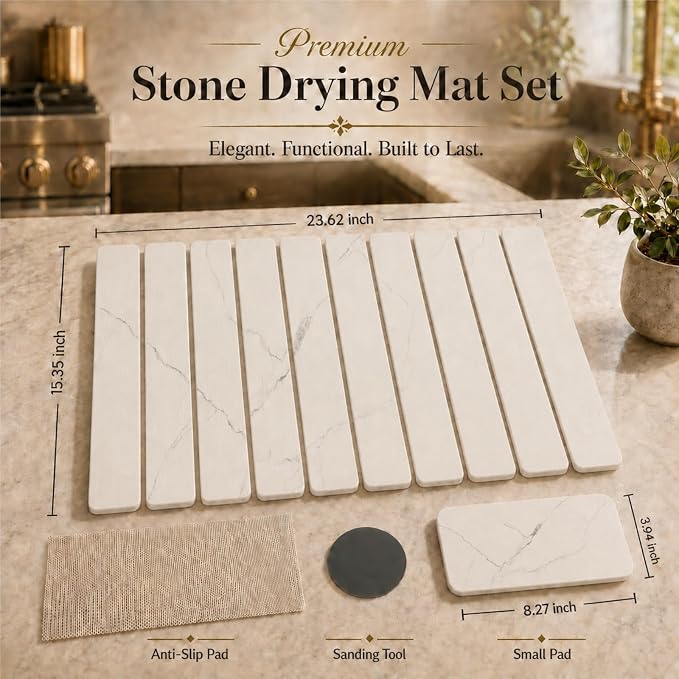 2 PCS Large Stone Dish Drying Mat for Kitchen Counter, 24" x 16" Diatomaceous Earth Dish Mat with 8" x 4" Coaster, Quick Dry Foldable Absorbent Mat for Dishes, Cups, Bottles (White) - Image 2