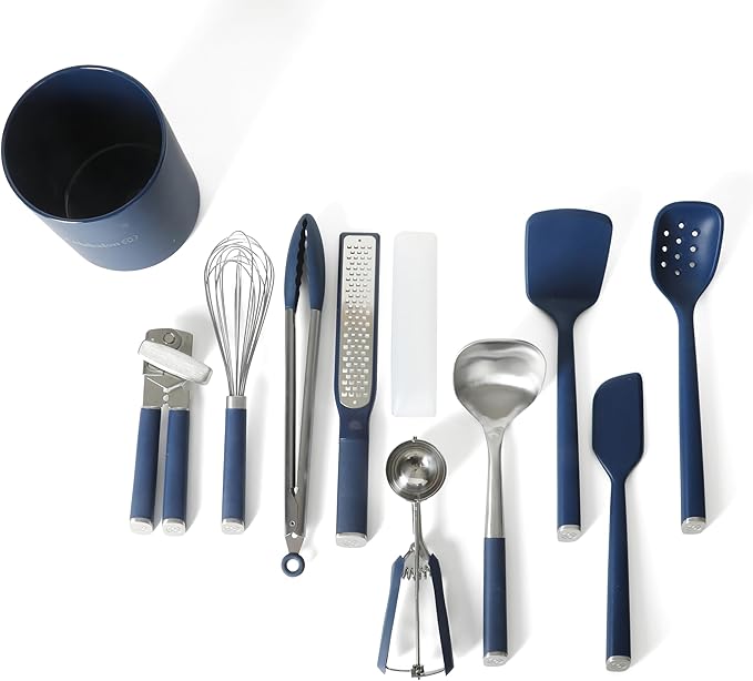 Calphalon Edge 10-Piece Kitchen Utensil Set with Crock, Stainless Steel and Silicone Cooking Tools, Nonstick-Safe Utensils with Comfortable Handles, Navy Blue - Image 2