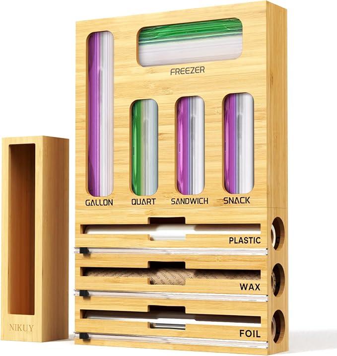 9 IN 1 Bamboo Foil and Plastic Wrap Organizer for Kitchen Drawer, Plastic Bag Organizer Organization and Storage, Food Storage Bag Organizer with Labels for Quart Gallon Snack Sandwich Bag by NIKUY