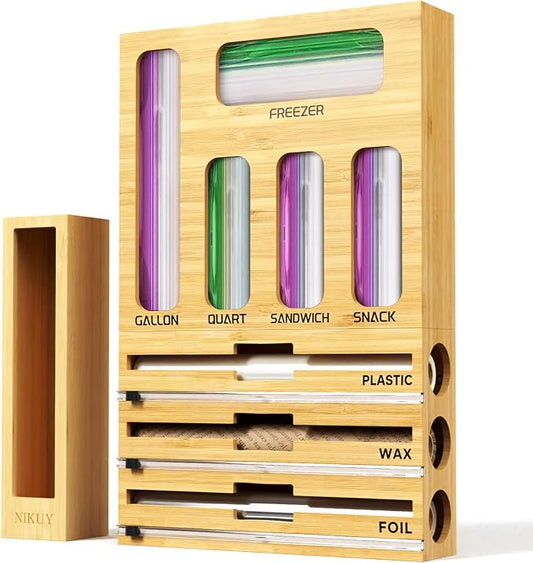 9 IN 1 Bamboo Foil and Plastic Wrap Organizer for Kitchen Drawer, Plastic Bag Organizer Organization and Storage, Food Storage Bag Organizer with Labels for Quart Gallon Snack Sandwich Bag by NIKUY