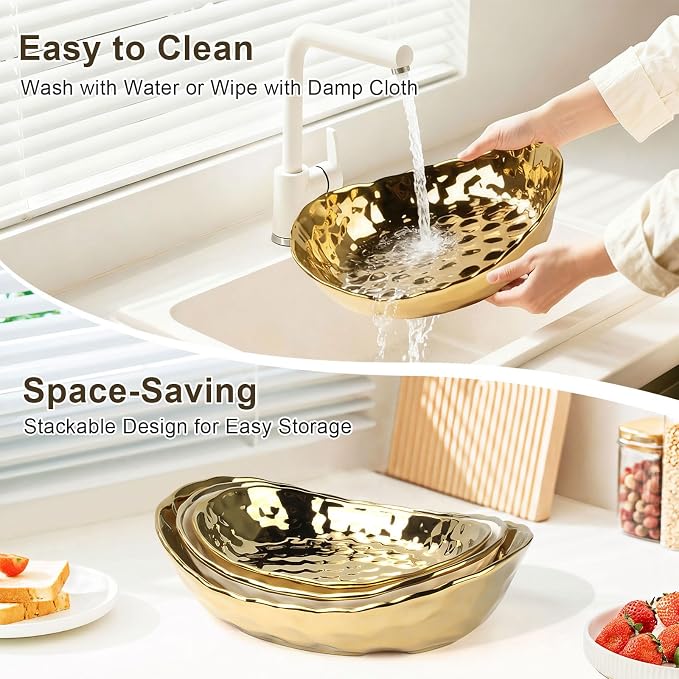 3 Tier Ceramic Fruit Bowl for Kitchen Counter, Tiered Fruit Basket Stand with Gold Metal Rack, Decorative Fruit Holder for Table, No Assembly Serving Bowls for Party Snacks & Housewarming Gift - Image 5