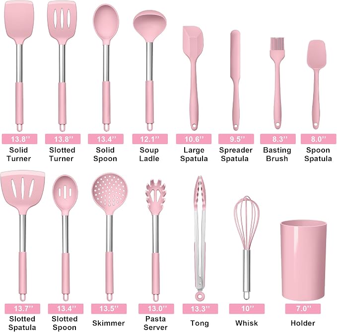 LIANYU 15 Piece Cooking Utensils Set with Stainless Steel Handle, Silicone Kitchen Gadgets with Holder, Heat Resistant Spatula Spoon Turner Tong Whisk Brush Tools for Cooking, Dishwasher Safe, Pink - Image 8