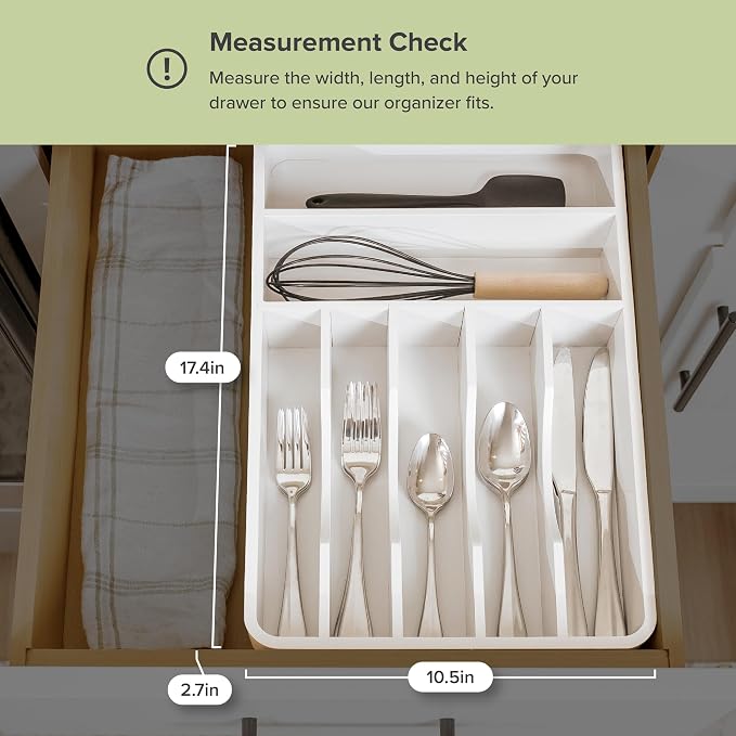 Silverware & Utensil Organizer, Fixed 10.5 in, White | Cutlery, flatware holder, rounded corners, 7 compartments, non-slip feet, kitchen drawers - Image 4