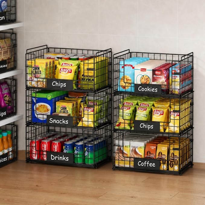 3 Pack XXL Stackable Wire Baskets with Handles & Name Plates | Pantry Organizers and Storage, Snack Organizer & Vegetable Basket & Metal Pantry Bin, Large Capacity, Durable and Sturdy - Image 7