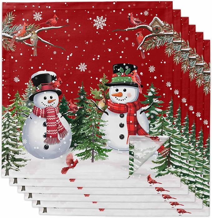 Red Snowman Christmas Cloth Napkins, Washable and Reusable Dinner Napkins Set of 6, Xmas Tree Snowflake Winter Birds Table Napkin for Kitchen Party Birthday Wedding Hotel Housewarming 20''x20'' by Unknown