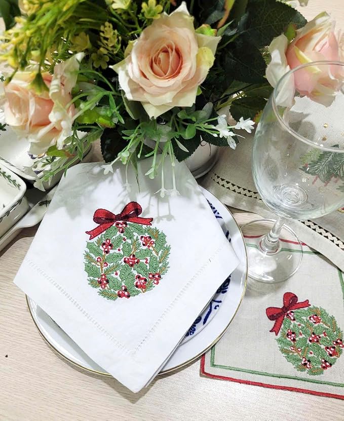 Embroidered Cloth Napkin Pine Christmas Wreath Cotton Napkins Set of 6, 20 x 20 Hemstitch Table Napkins, Machine Washable, for Daily & Holiday Dining, Great Gift Ideas - Image 7