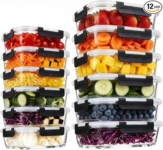 Konokyo Black Glass Food Storage Containers with Lids, Meal Prep, 12 Pack | Airtight Leakproof Meal Prep Containers, BPA-Free, Microwave Oven Freezer & Dishwasher Safe, Assorted Sizes by Konokyo