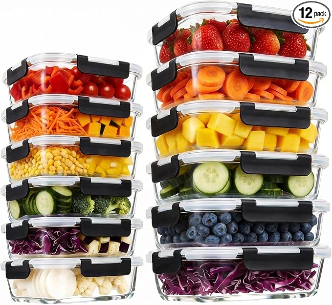 Konokyo Black Glass Food Storage Containers with Lids, Meal Prep, 12 Pack | Airtight Leakproof Meal Prep Containers, BPA-Free, Microwave Oven Freezer & Dishwasher Safe, Assorted Sizes by Konokyo