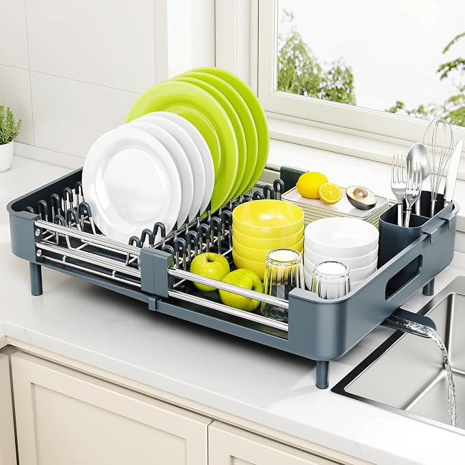Urackify Extendable Stainless Dish Drying Rack for Kitchen Counter | 13.78"W x 18.7"L, Foldable Drainboard for Space Saving, Knife and Utensil Holder, Fast-draining Spout, Dark Slate Teal by Urackify