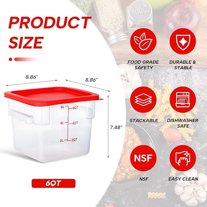 4 Pack 6QT Square Food Storage Containers with Lids | Clear NSF polycarbonate containers with scale, label and measuring cup, stackable for prep, storage, freezer. Dishwasher safe - Image 3