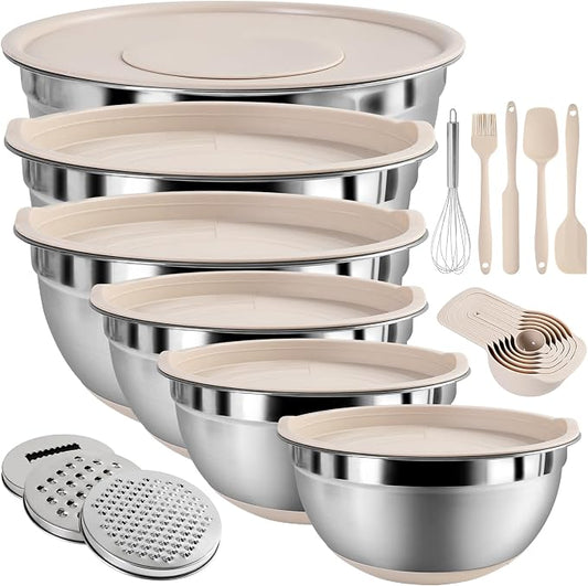 Mixing Bowls with Airtight Lids Set, 20 PCS Kitchen Gadgets Set, 6 Stainless Steel Bowls,3 Grater Attachments,Non-Slip Silicone Bottoms,Great for Serving&Baking,Size 5, 4, 3.5, 2.1, 1.5, 1.1QT (Khaki) by ENVTEK